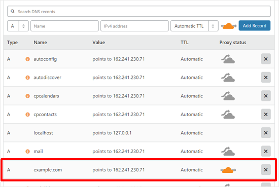 ajuste DNS en el panel de control de cloudflare